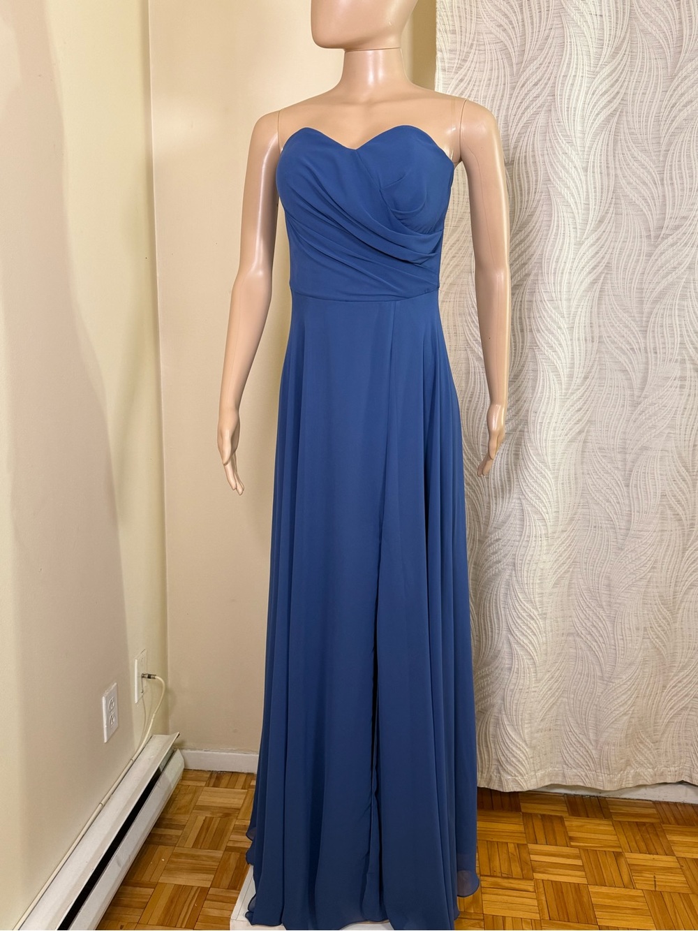 Strapless Navy Blue Chiffon Evening Gown